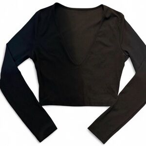 SHEIN Black Deep V-Neck Long Sleeve Top
